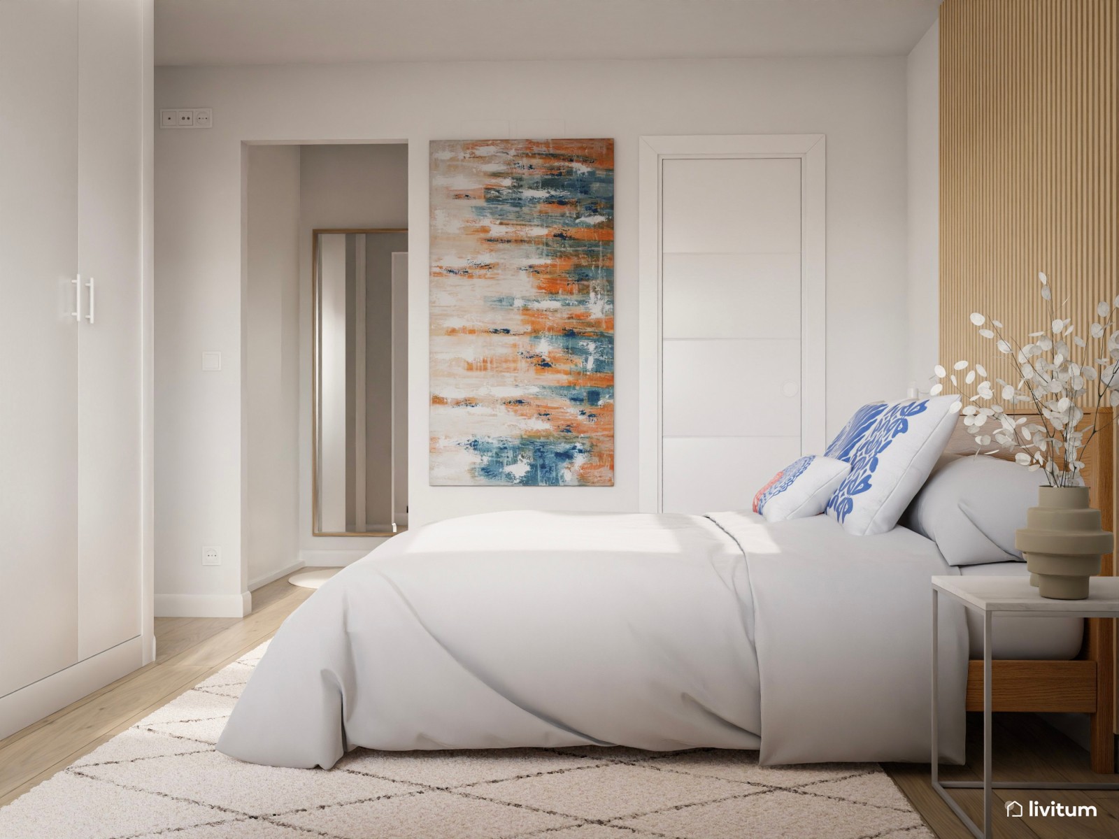 Acogedor dormitorio con listones de madera y detalles en azul 