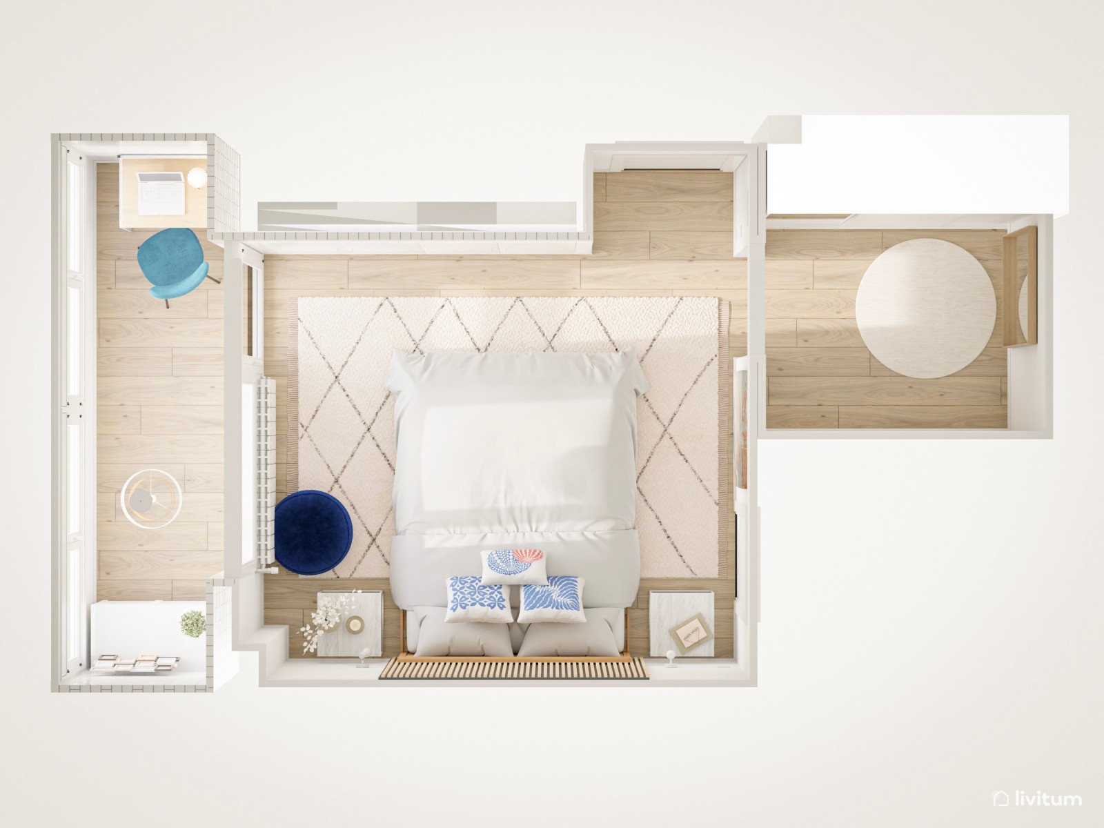 Acogedor dormitorio con listones de madera y detalles en azul 