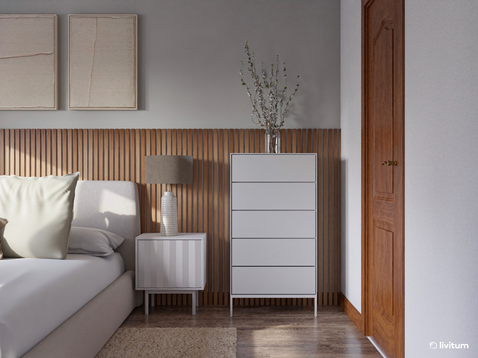 Acogedor dormitorio doble con madera oscura y texturas interesantes