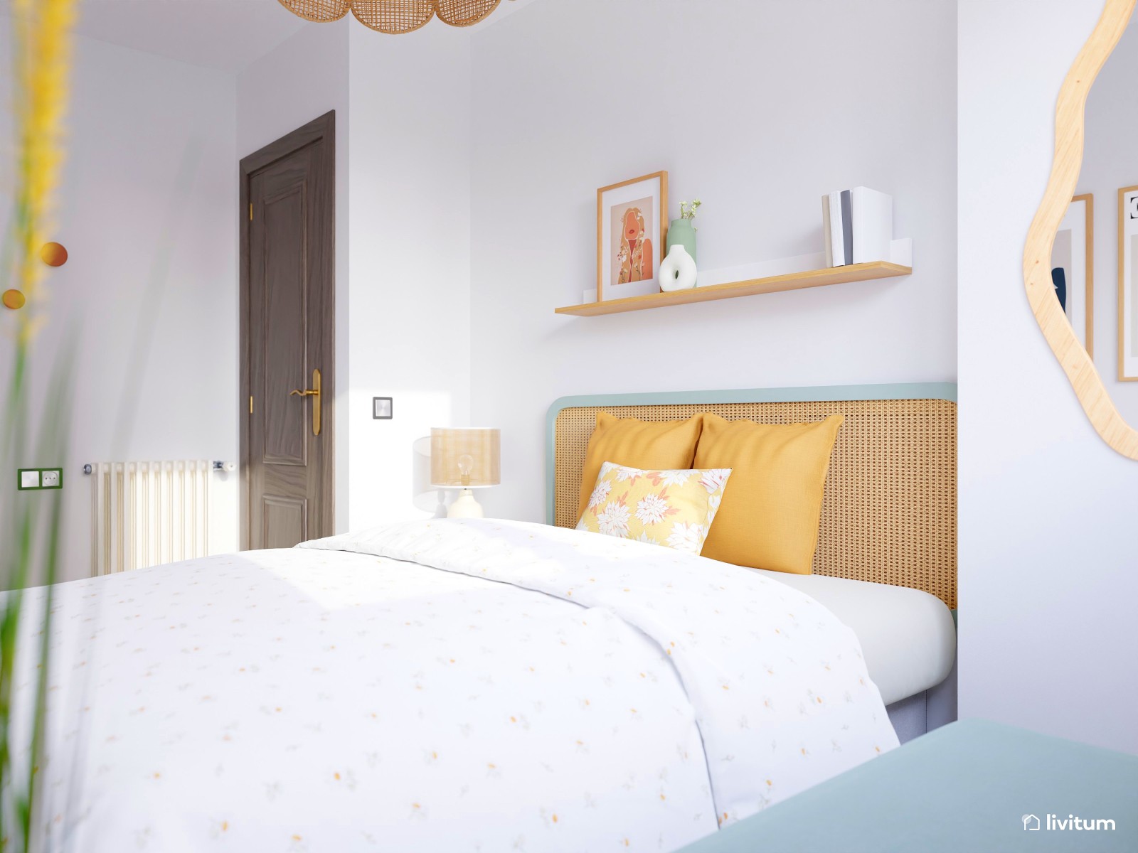 Acogedor dormitorio moderno con fibras naturales 