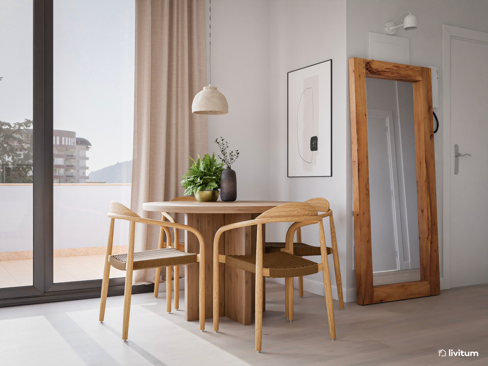 Acogedor salón comedor con muebles de madera y toques verdes