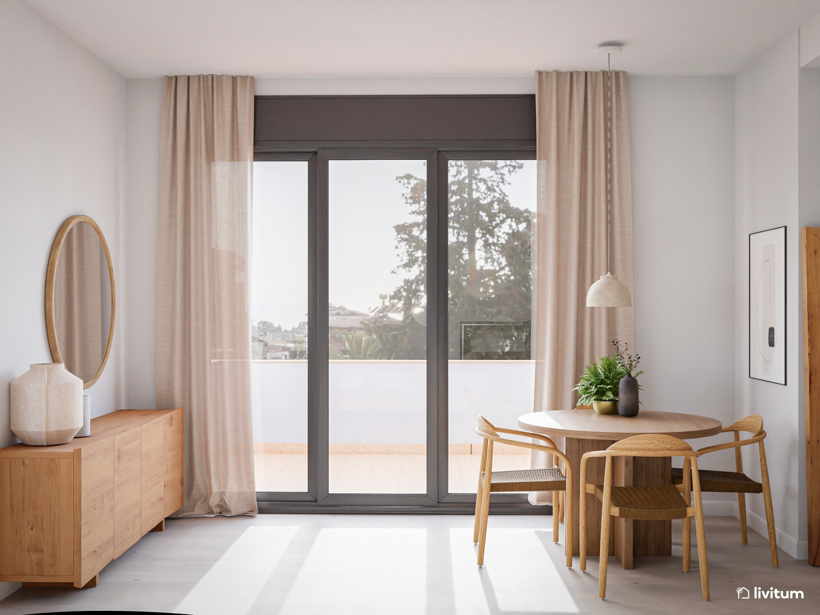 Acogedor salón comedor con muebles de madera y toques verdes