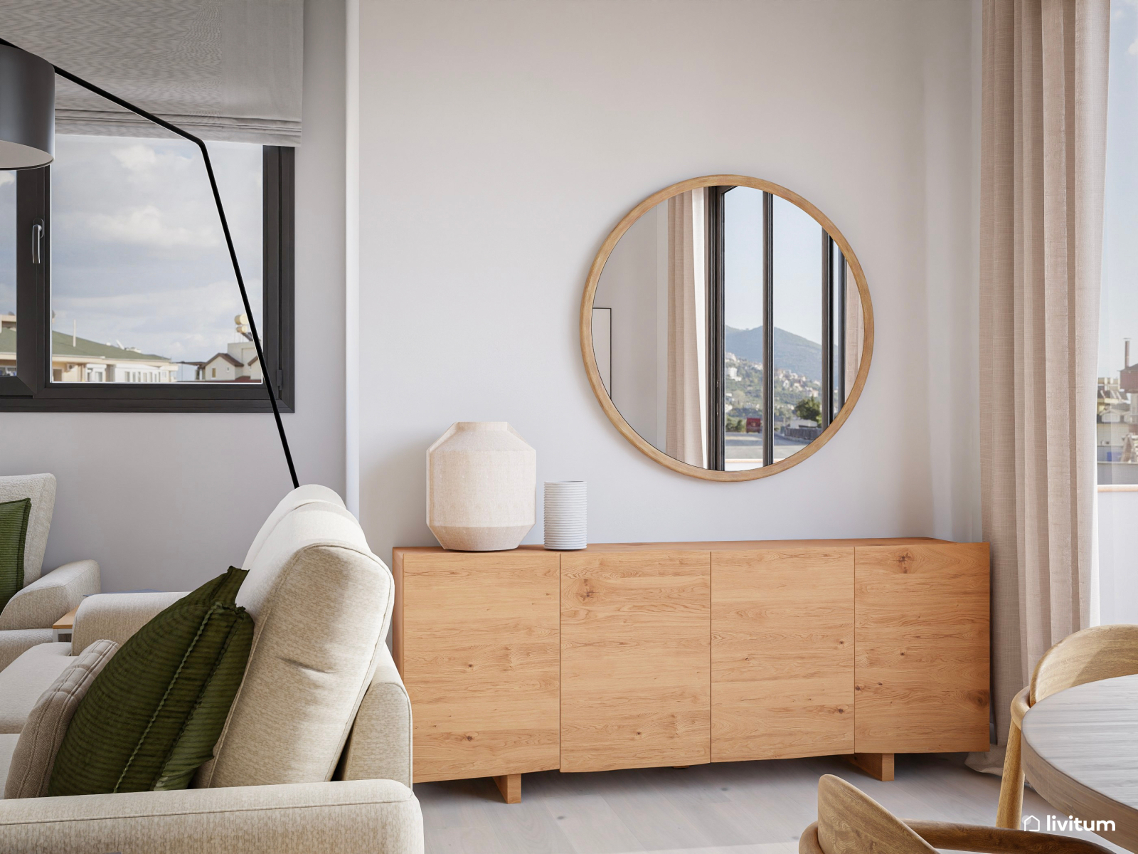 Acogedor salón comedor con muebles de madera y toques verdes