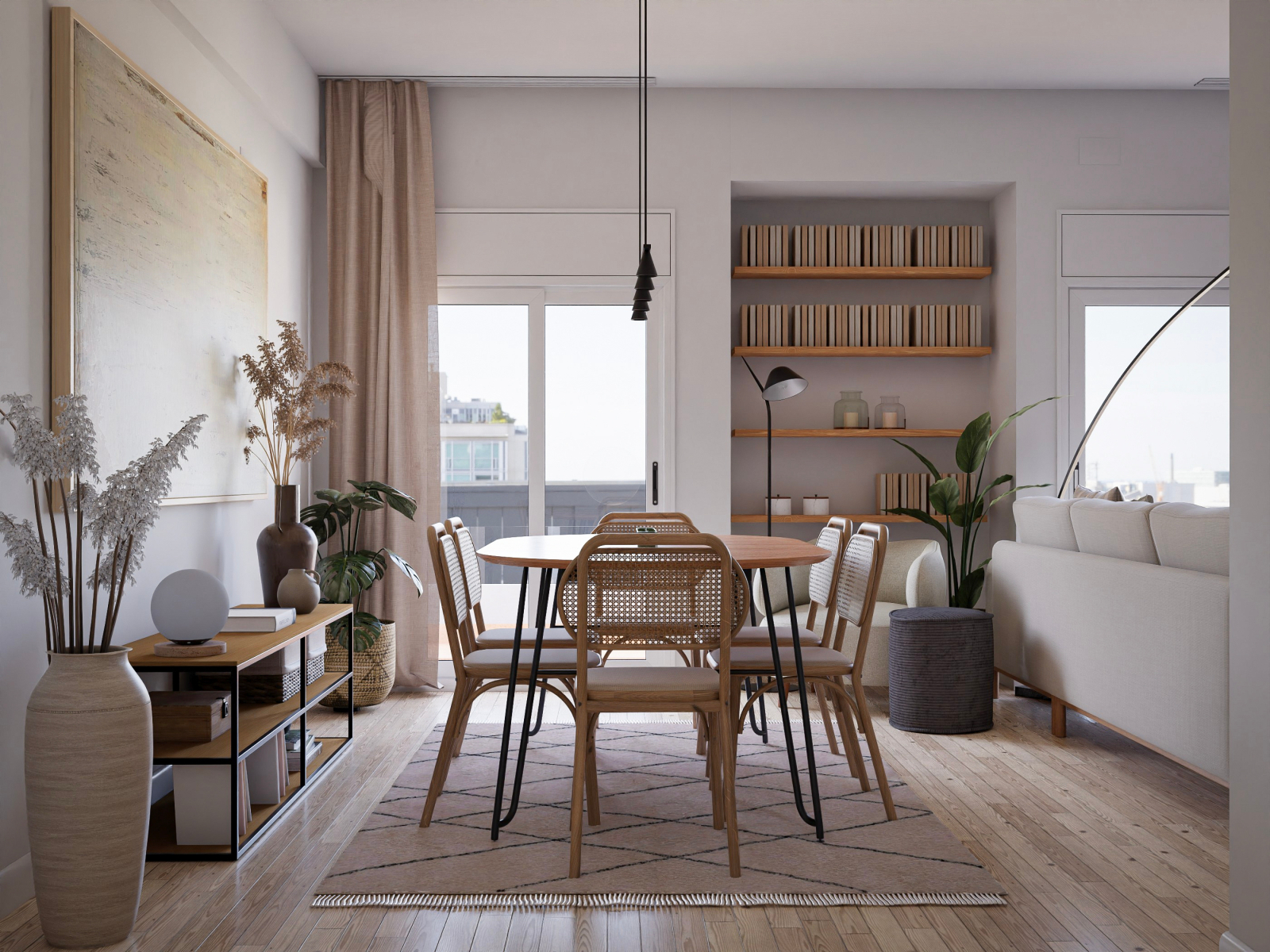 Acogedor salón comedor nórdico con pared de acento azul 