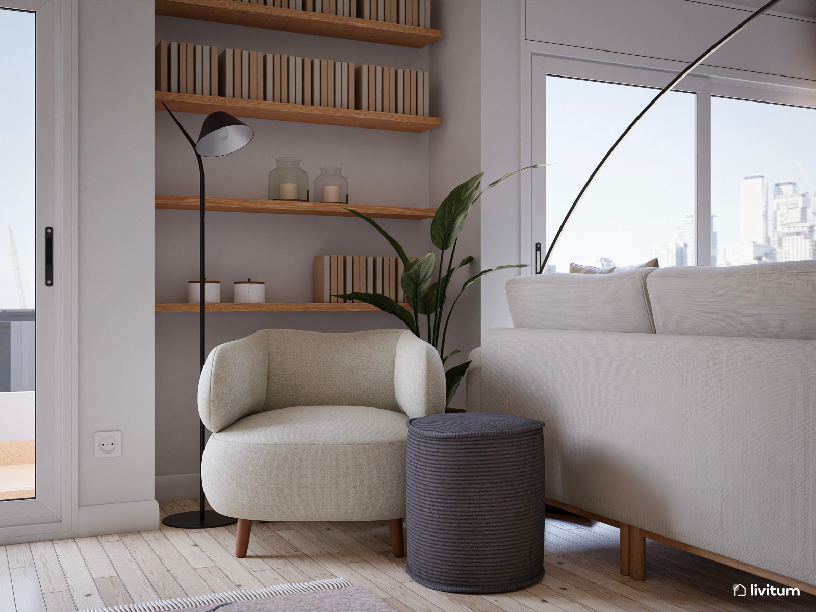 Acogedor salón comedor nórdico con pared de acento azul 