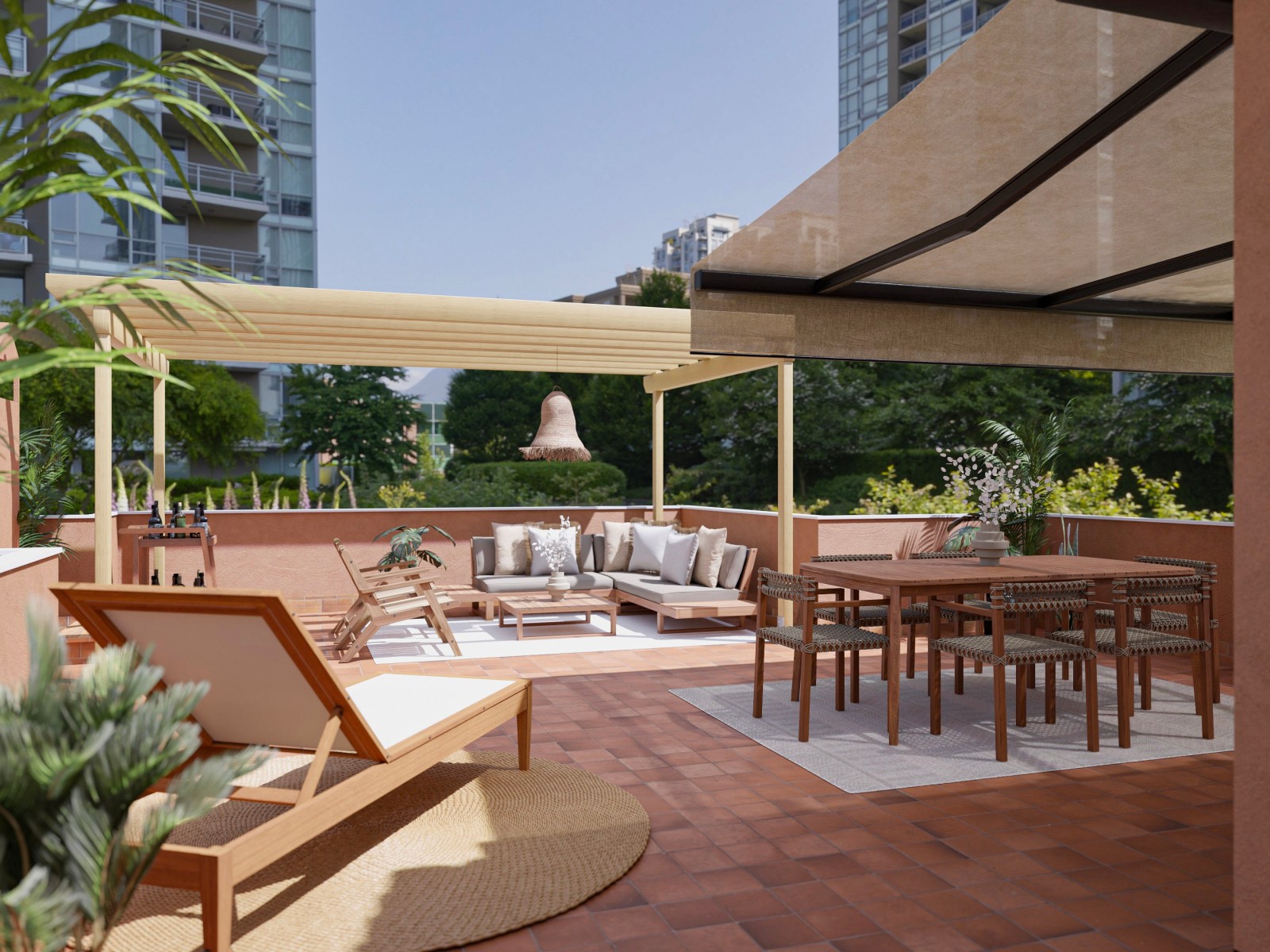 Acogedora terraza con comedor exterior y zona de relax