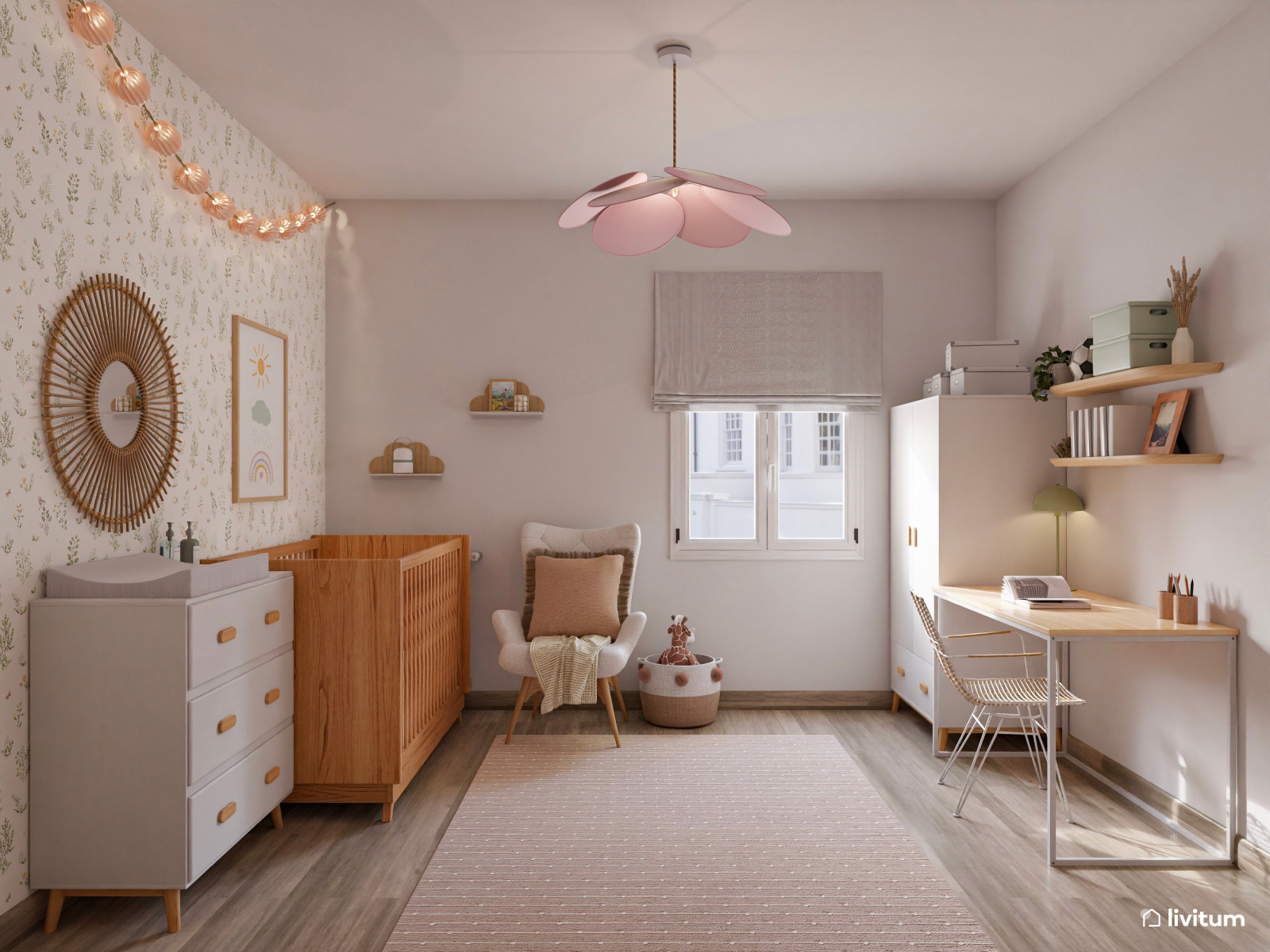 Adorable habitación infantil para bebés con zona de trabajo