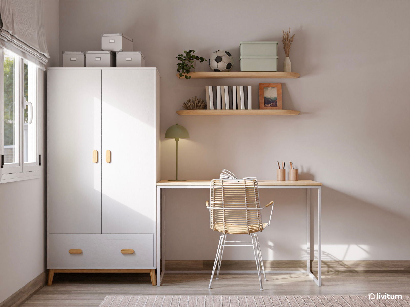 Adorable habitación infantil para bebés con zona de trabajo