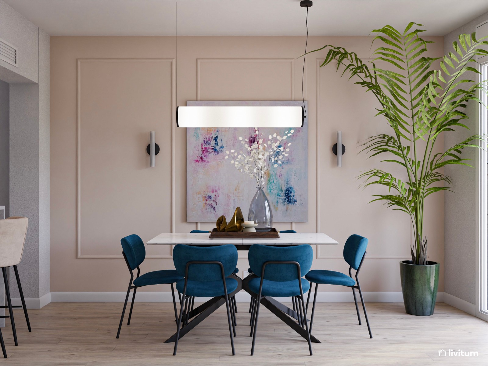 Alegre salón comedor con cocina abierta en tonos azules y celestes