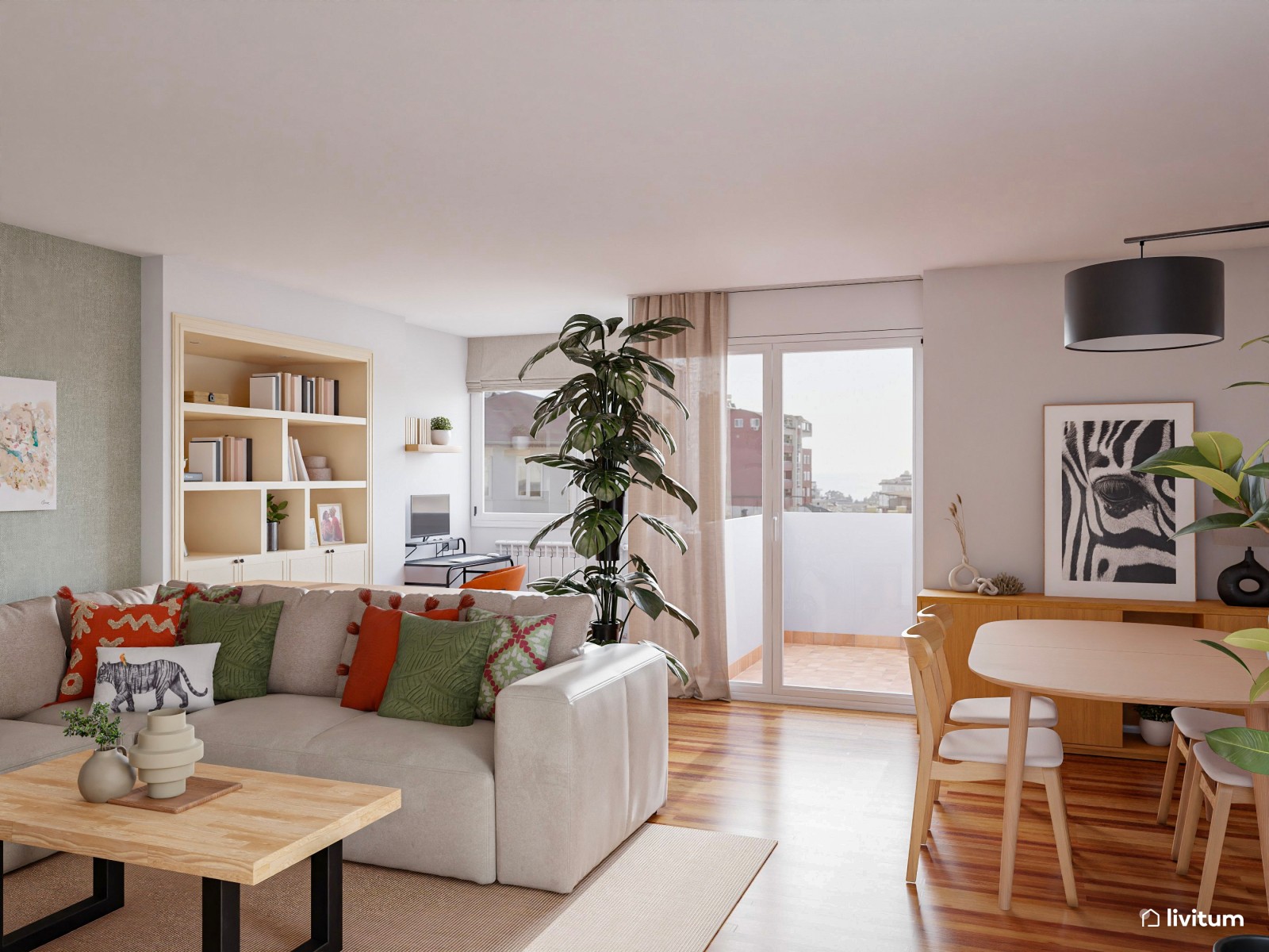 Alegre salón con plantas, colores vivos y zona de trabajo