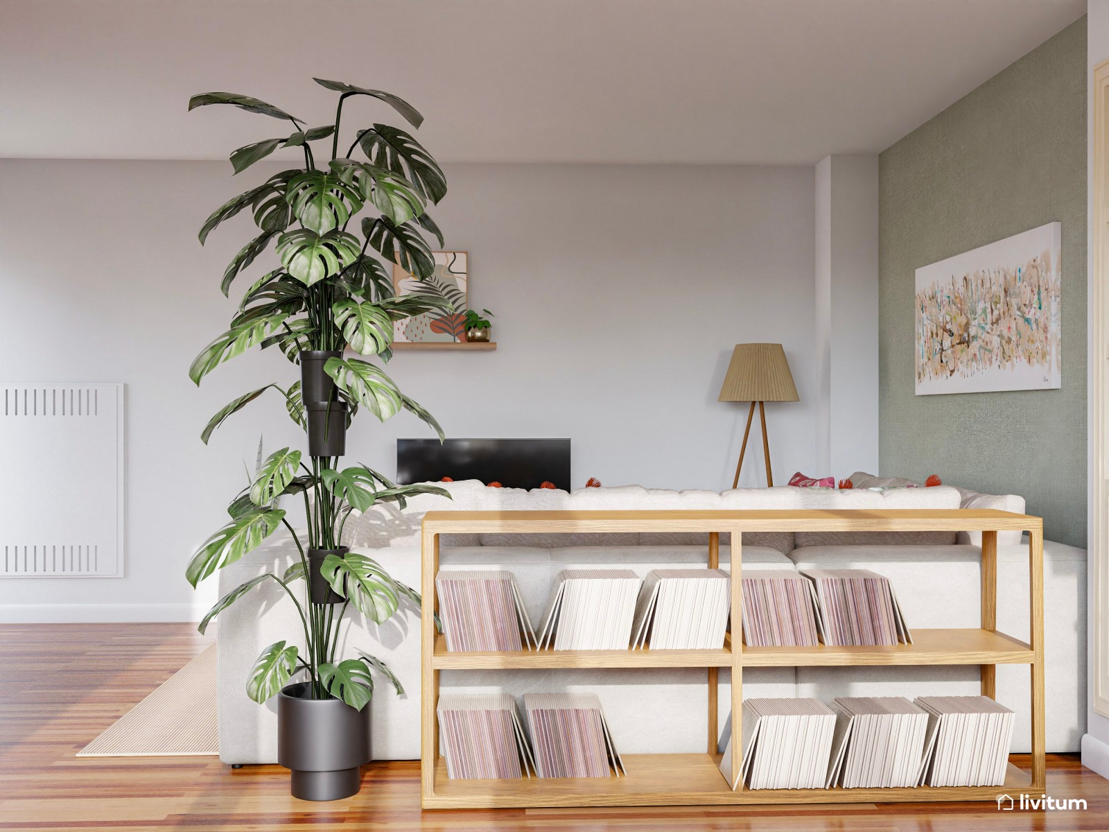 Alegre salón con plantas, colores vivos y zona de trabajo