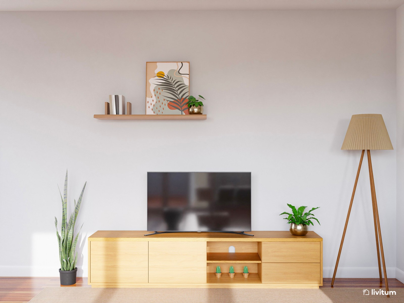 Alegre salón con plantas, colores vivos y zona de trabajo