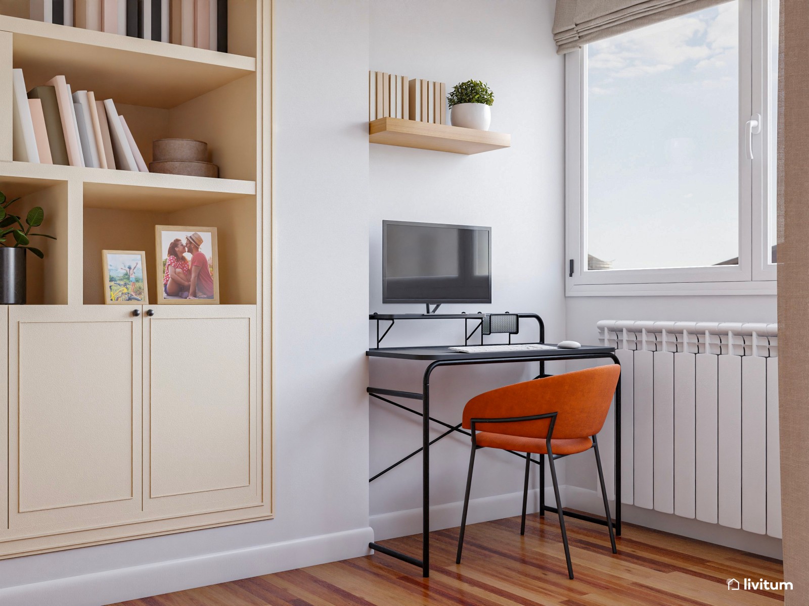 Alegre salón con plantas, colores vivos y zona de trabajo