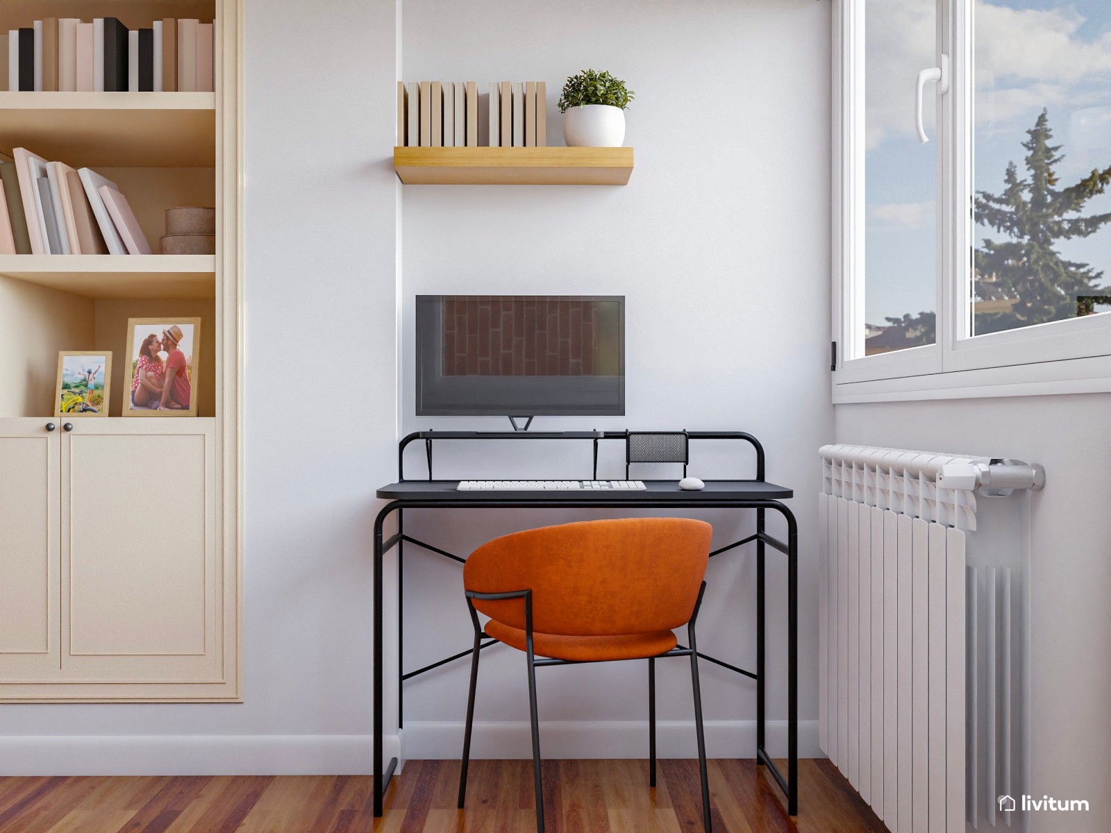 Alegre salón con plantas, colores vivos y zona de trabajo