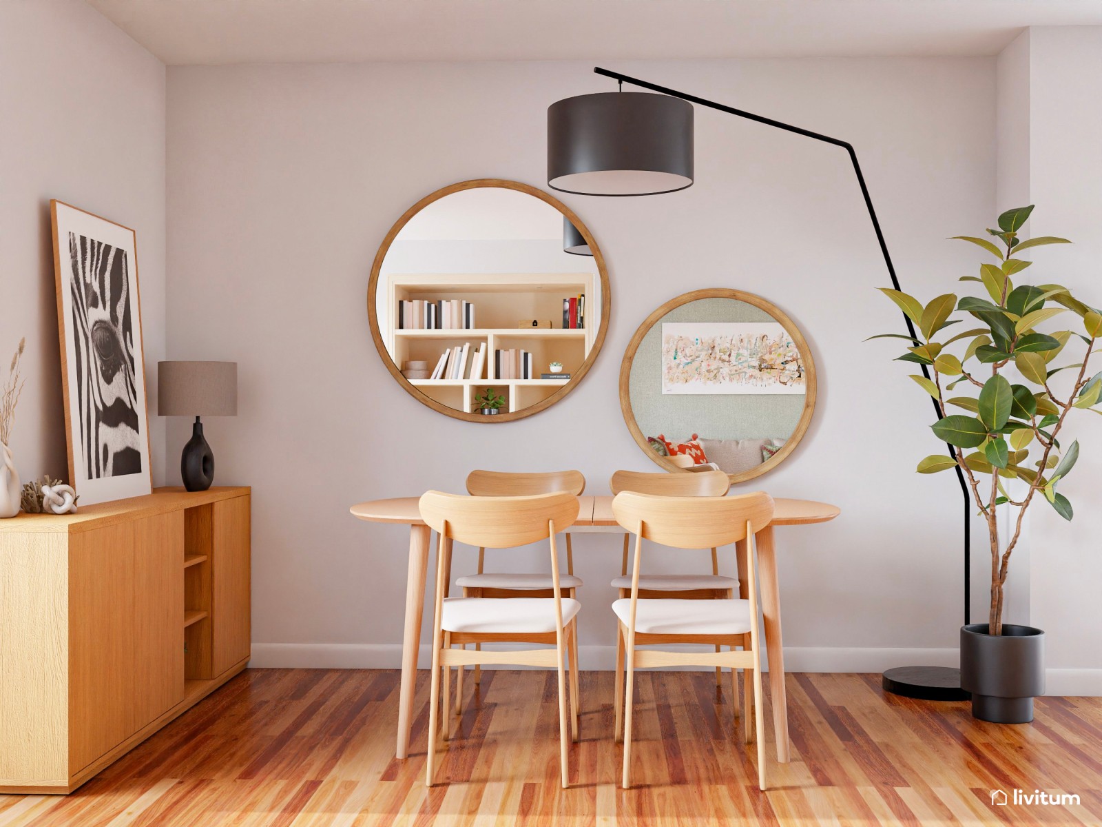 Alegre salón con plantas, colores vivos y zona de trabajo