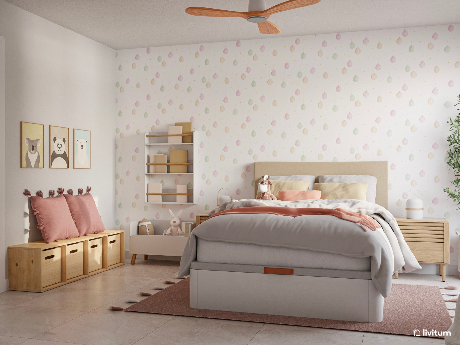 Amplia y cómoda habitación infantil con luz natural y toques rosa