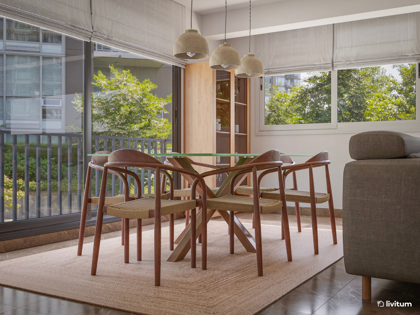 Amplio salón comedor nórdico con toques rústicos