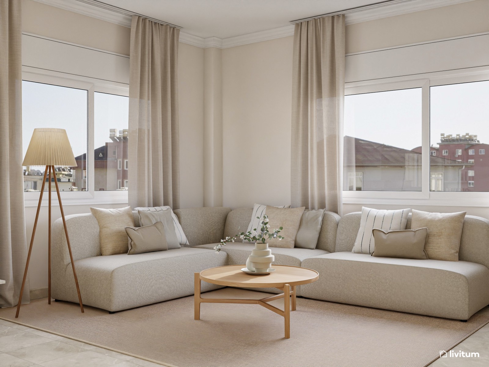 Amplio y luminoso salón comedor de estilo moderno con mobiliario de madera