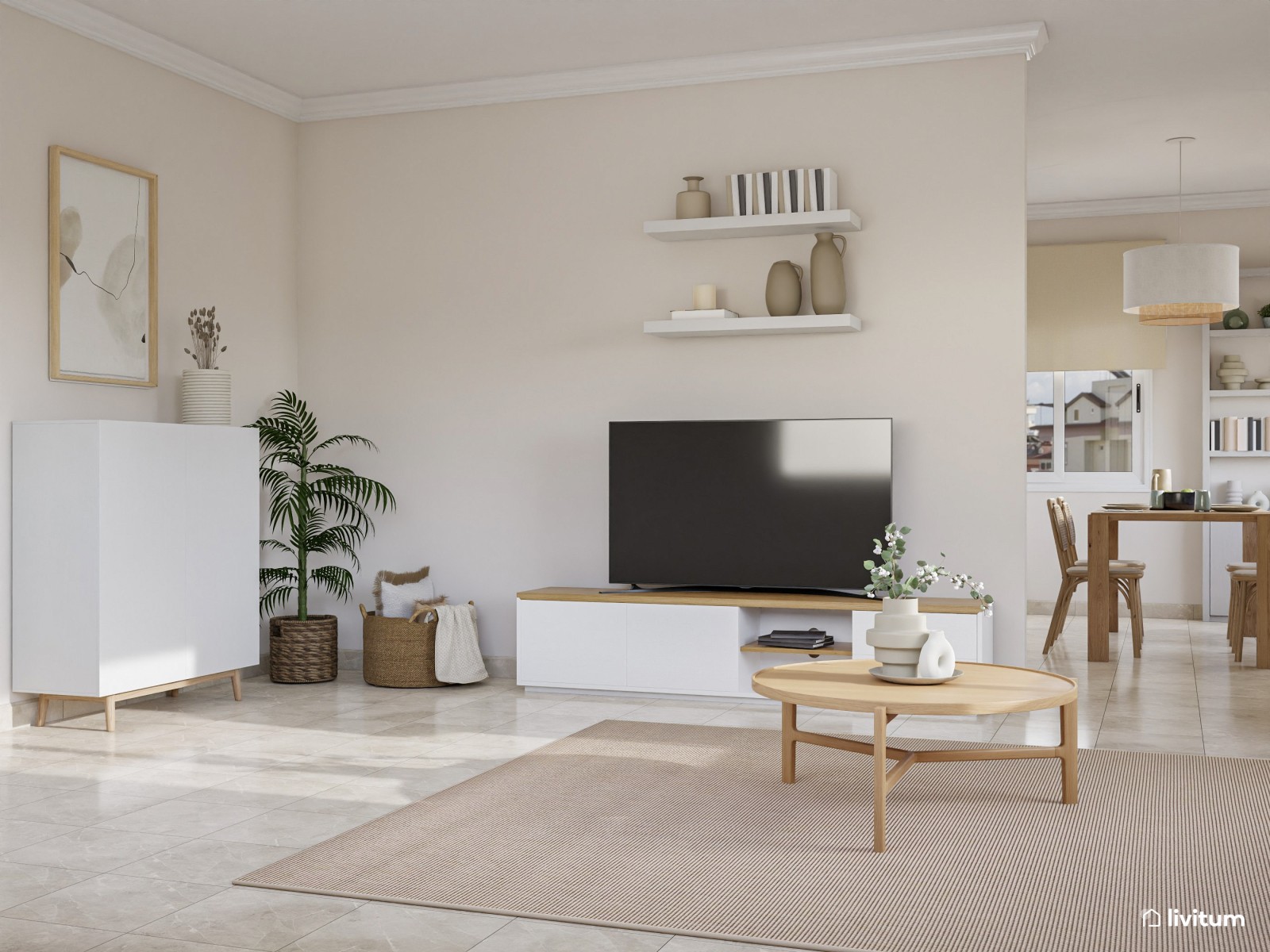 Amplio y luminoso salón comedor de estilo moderno con mobiliario de madera