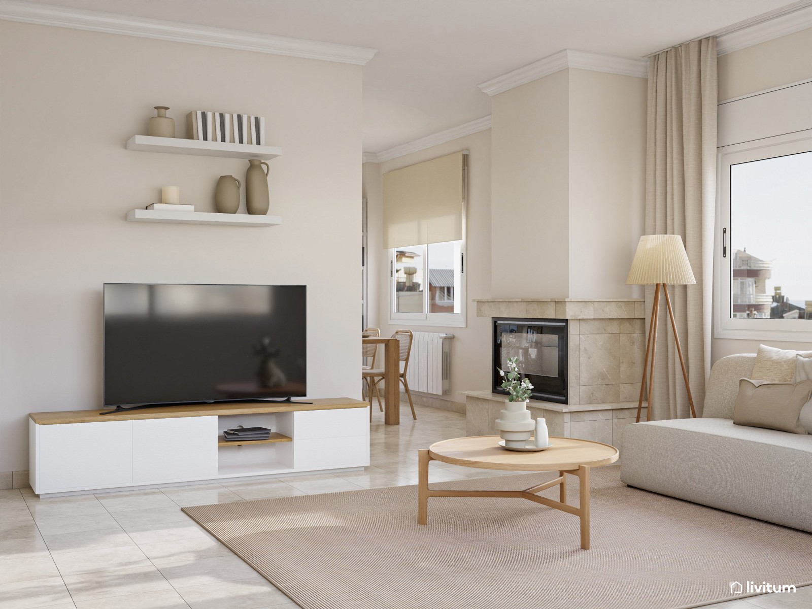 Amplio y luminoso salón comedor de estilo moderno con mobiliario de madera