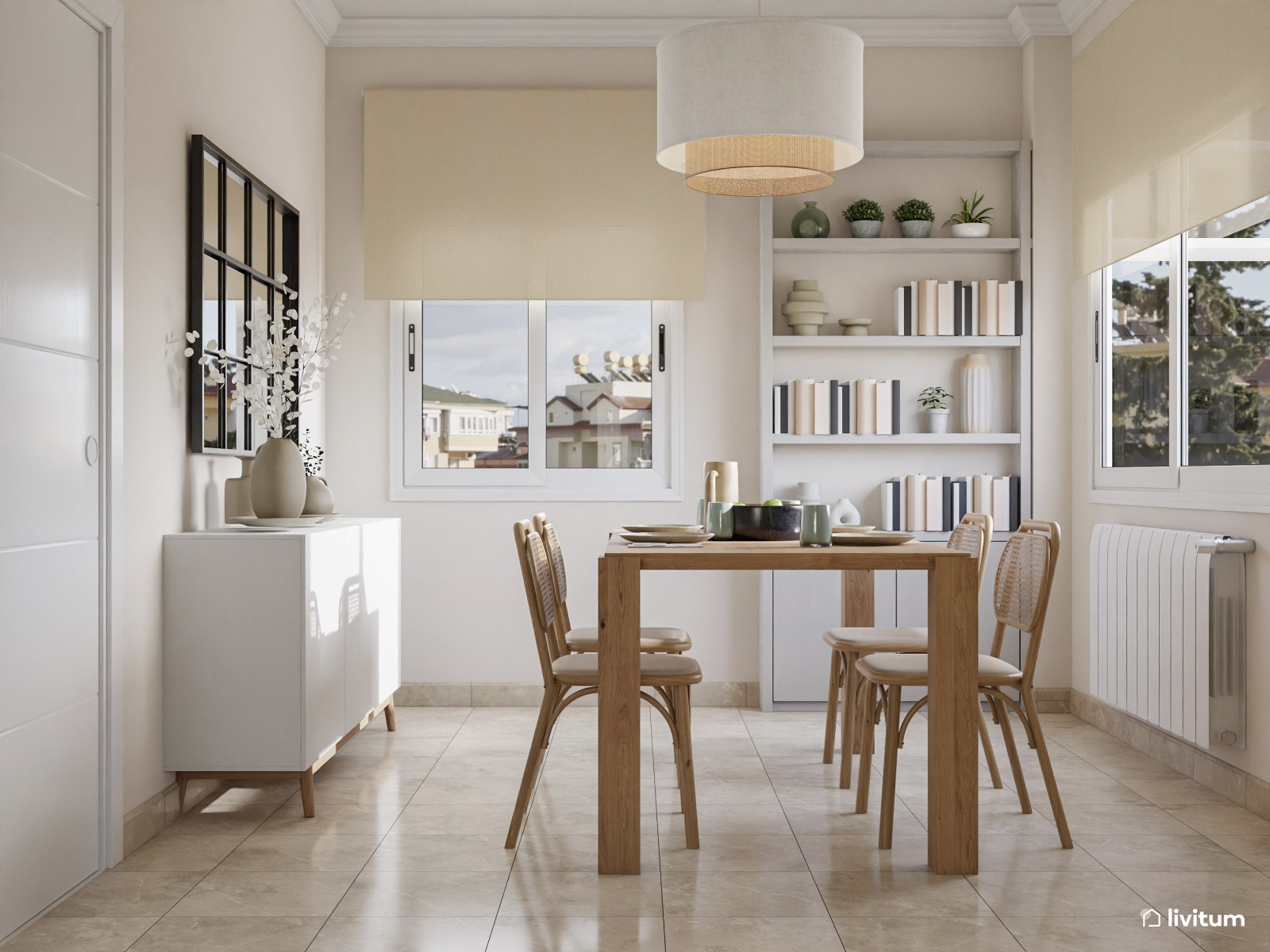 Amplio y luminoso salón comedor de estilo moderno con mobiliario de madera