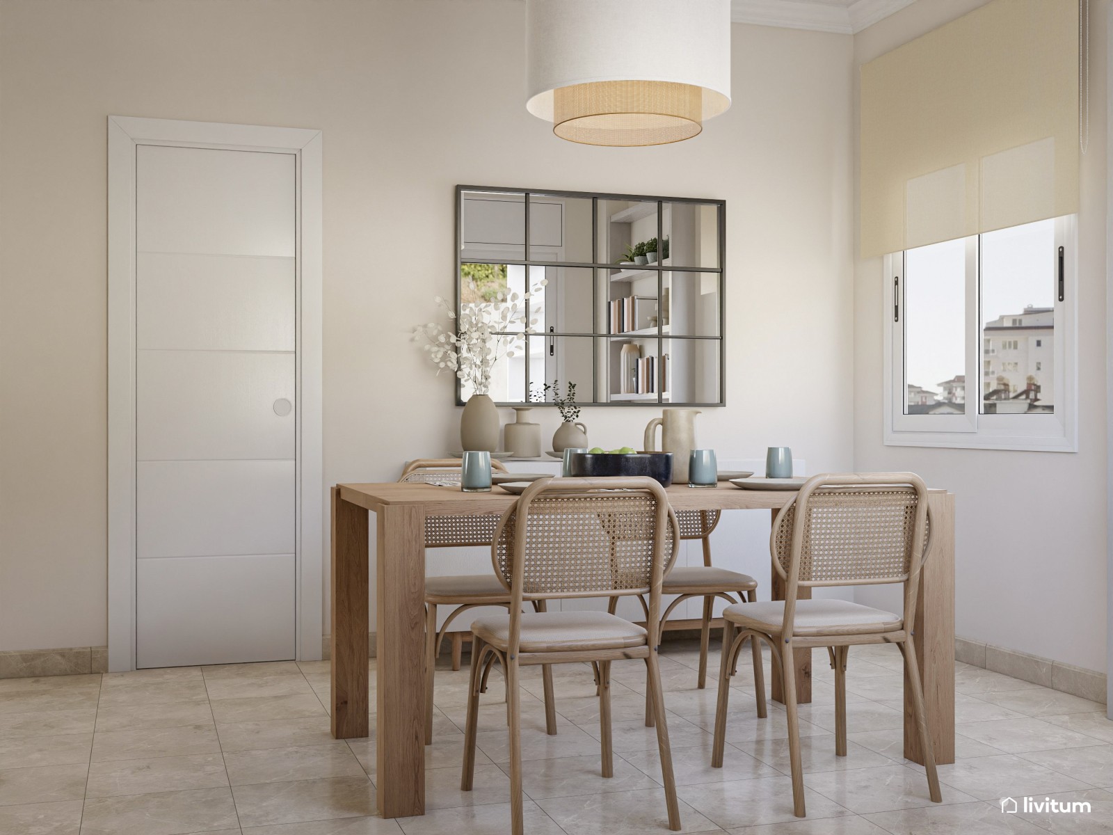 Amplio y luminoso salón comedor de estilo moderno con mobiliario de madera