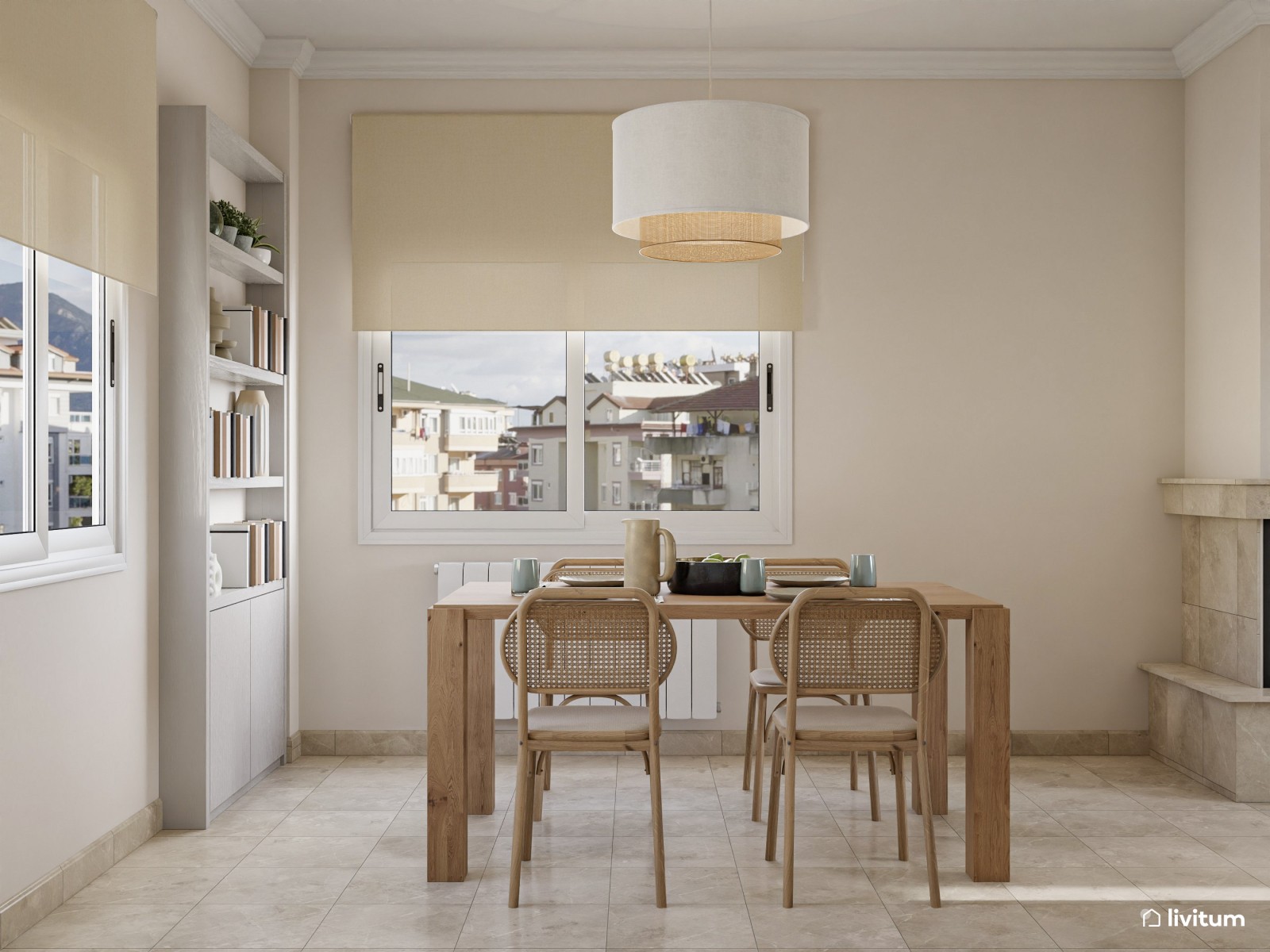 Amplio y luminoso salón comedor de estilo moderno con mobiliario de madera