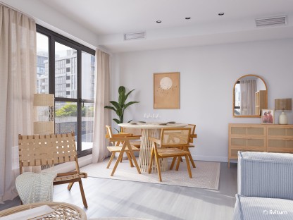 Salón comedor rústico y boho en madera, fibras naturales y gris 