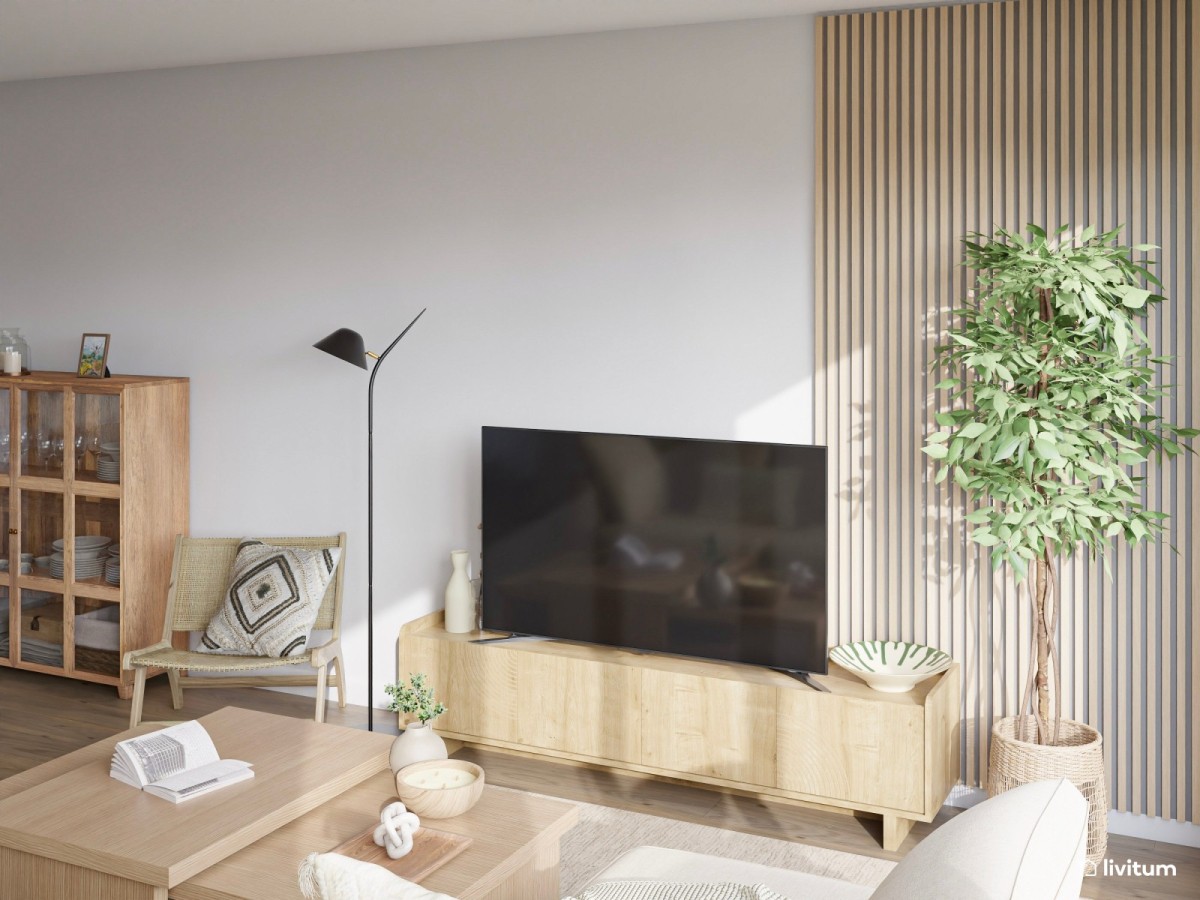 salón en tonos madera, tv y mueble dónde apoyarla
