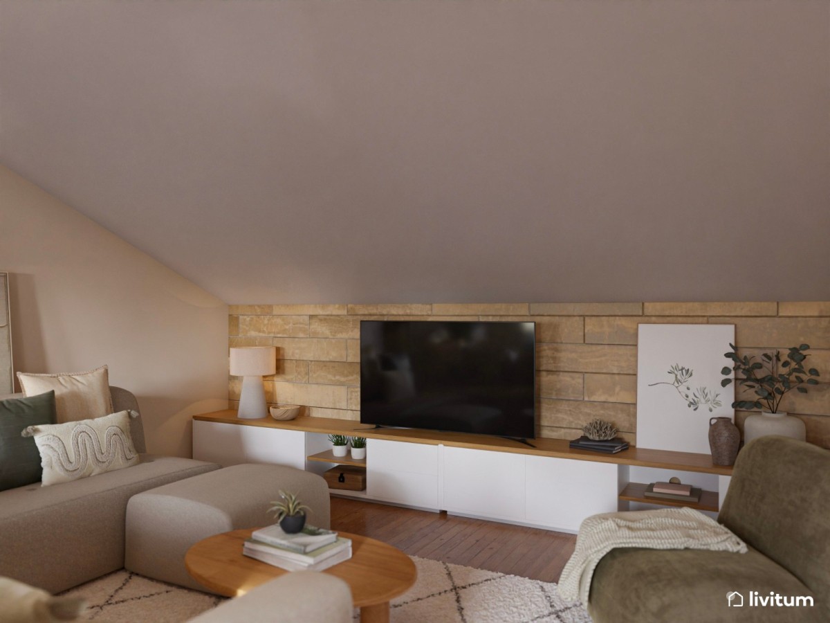 salón abuhardillado en tonos madera con sofá en L y sillón