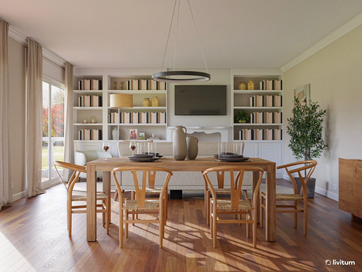 No te pierdas este salón comedor nórdico con una espectacular librería 