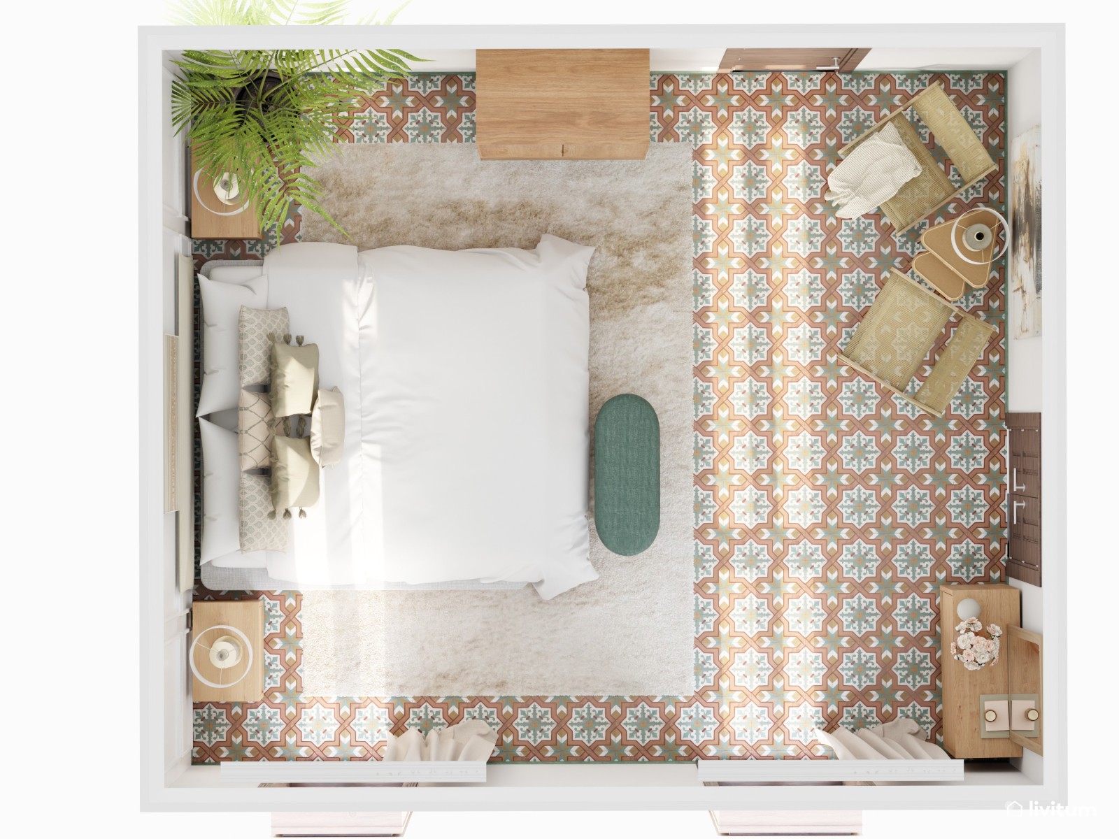 Cálido dormitorio doble de estilo boho con pequeño recibidor