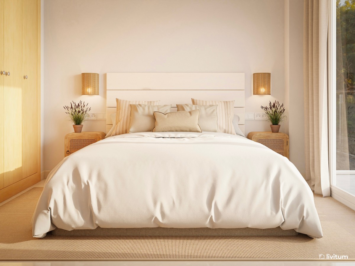 Cálido dormitorio nórdico con cabecero de madera blanca