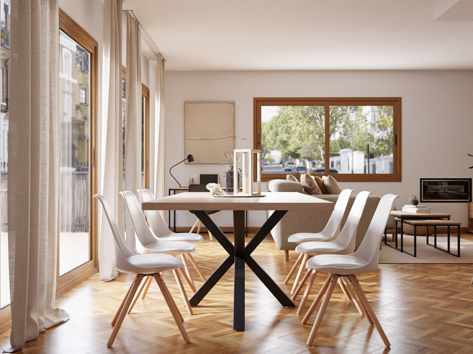 Cálido salón comedor con cocina abierta y un pequeño escritorio 