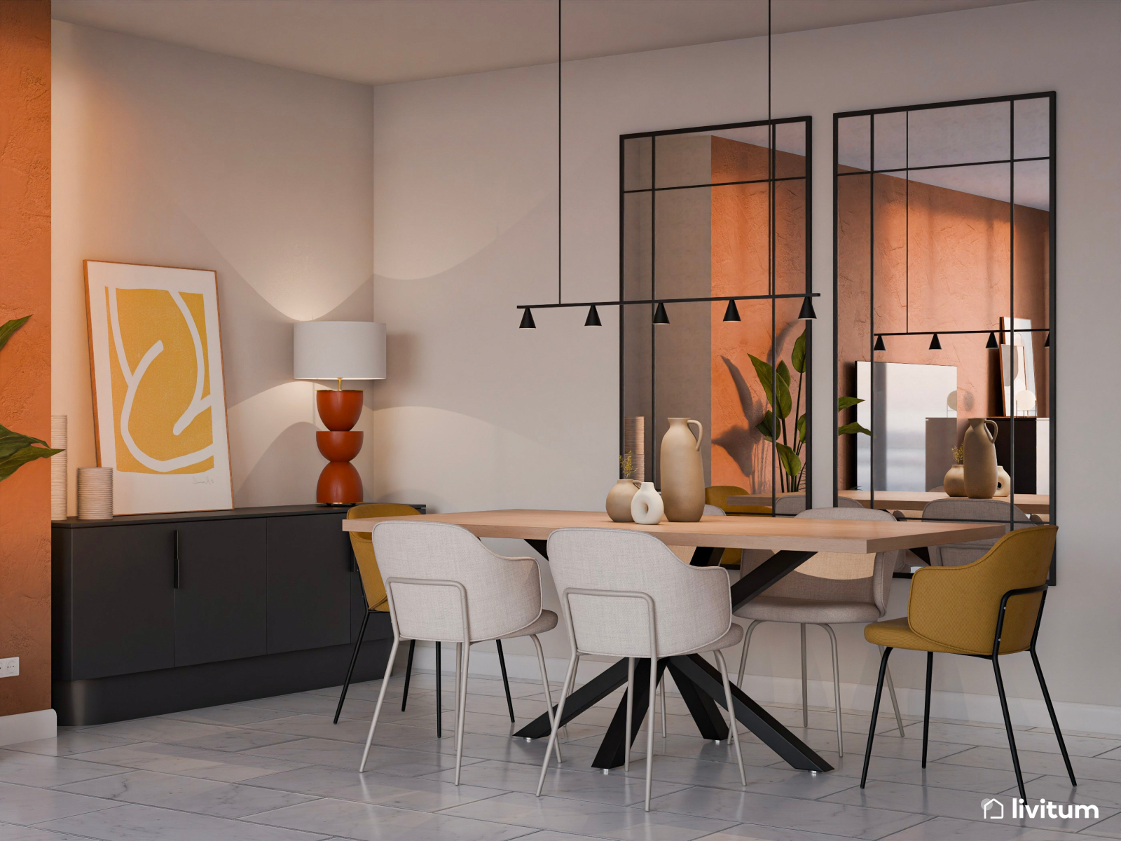 Cálido salón comedor con muebles de diseño y líneas curvas 