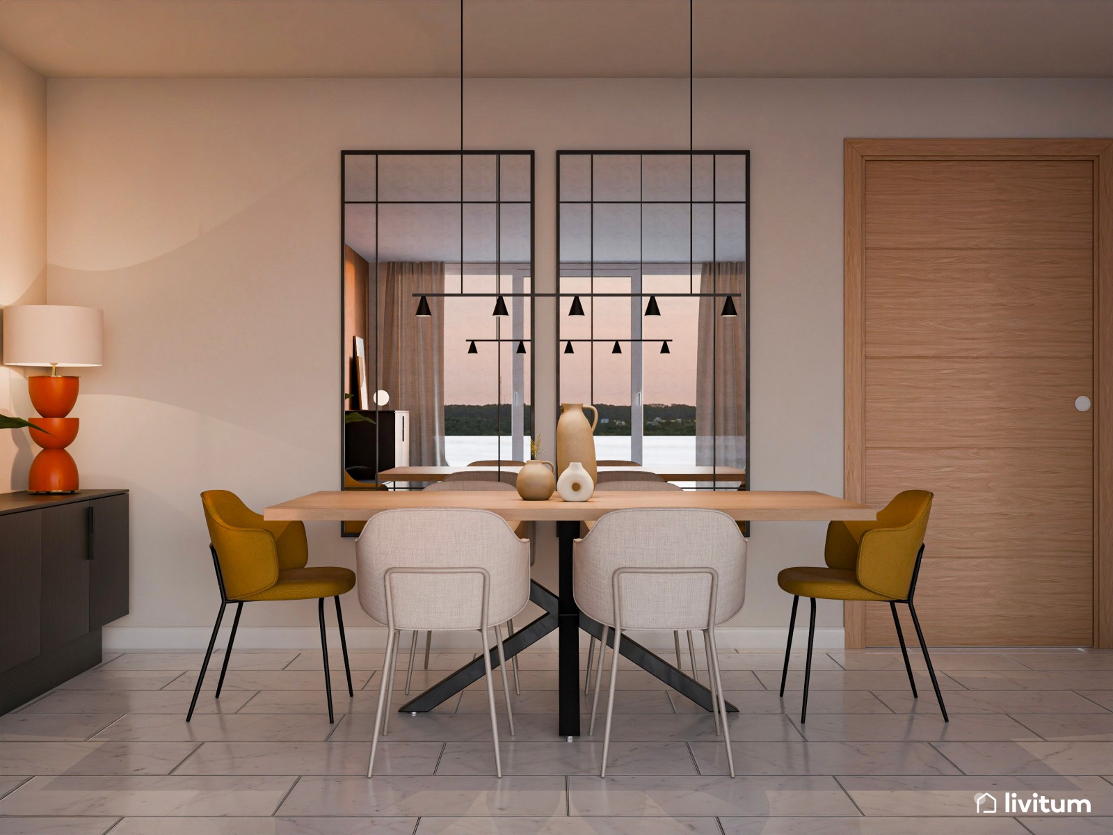 Cálido salón comedor con muebles de diseño y líneas curvas 