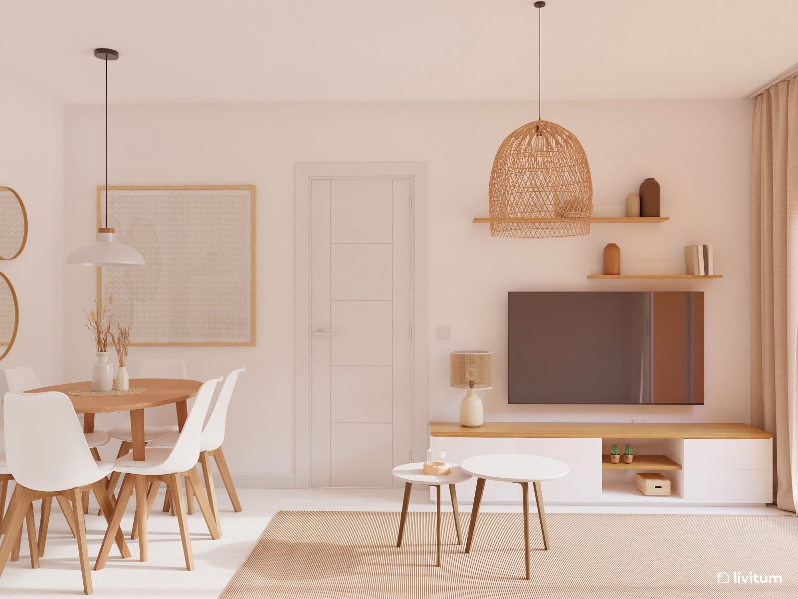 Cálido salón comedor de estilo nórdico y con detalles tropicales