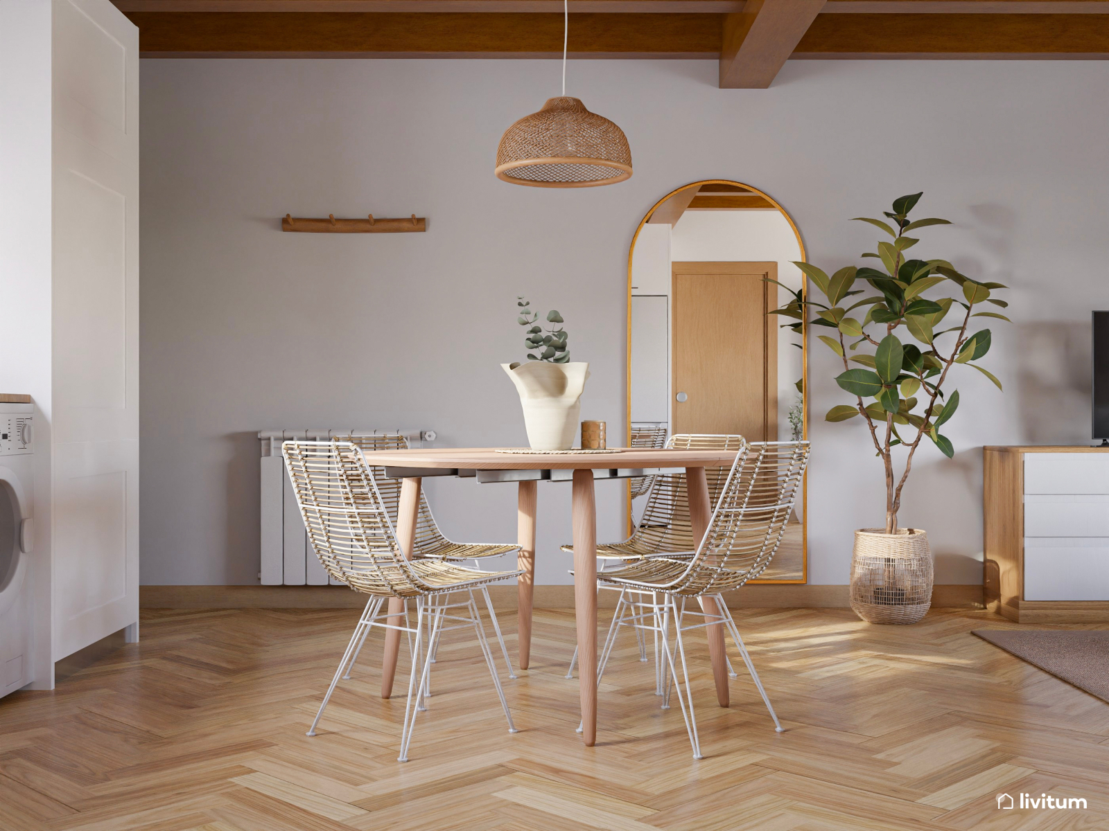 Cálido salón comedor en madera y fibras naturales