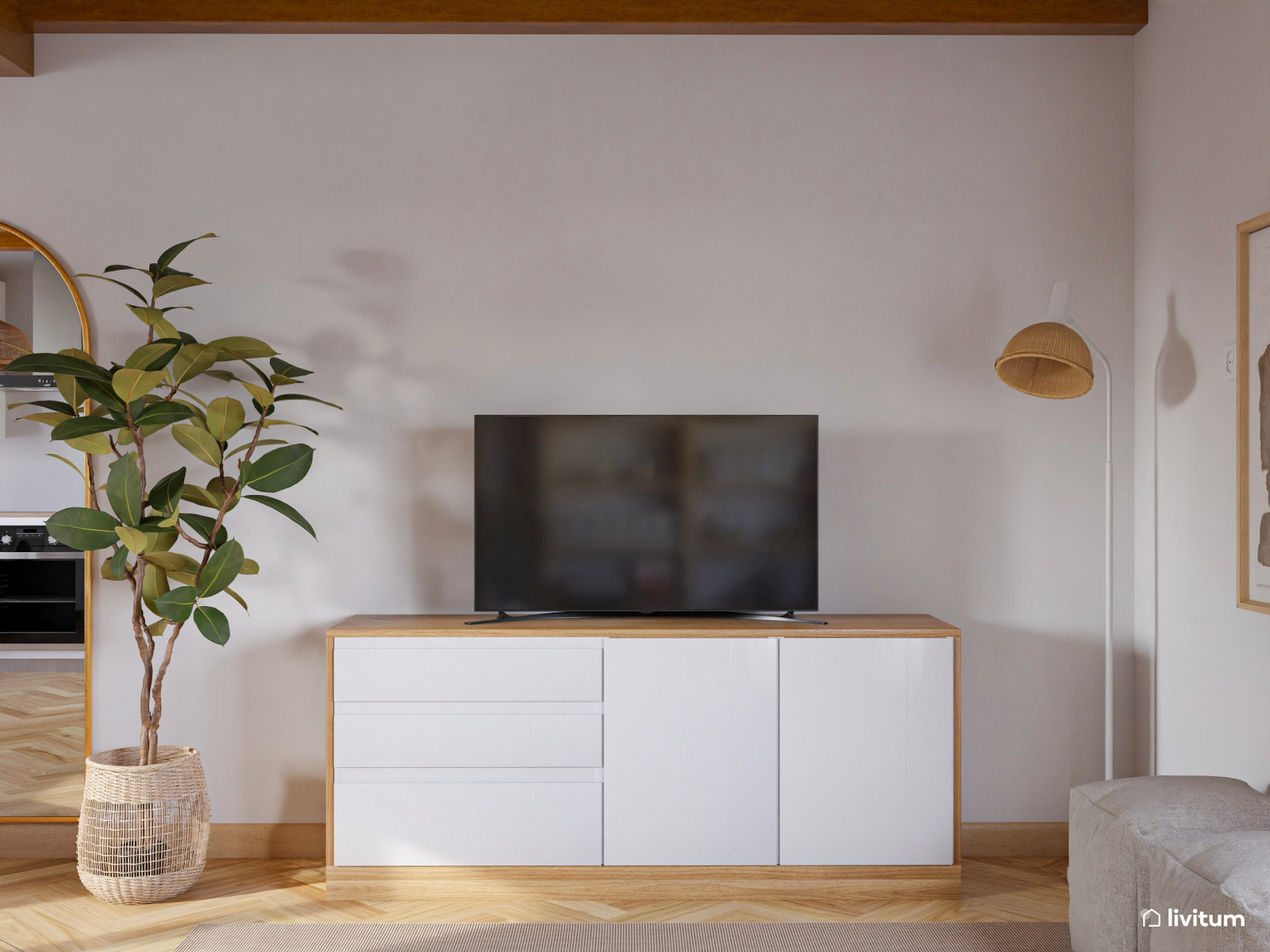 Cálido salón comedor en madera y fibras naturales