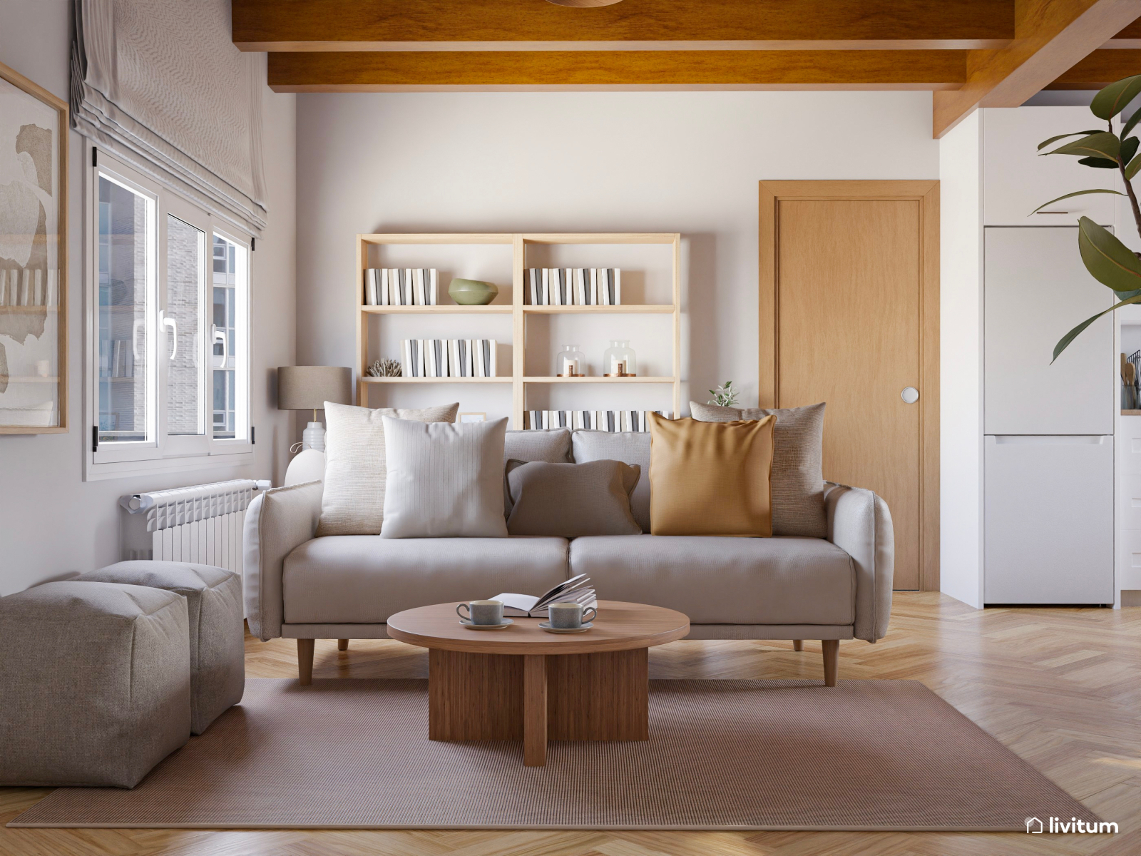 Cálido salón comedor en madera y fibras naturales