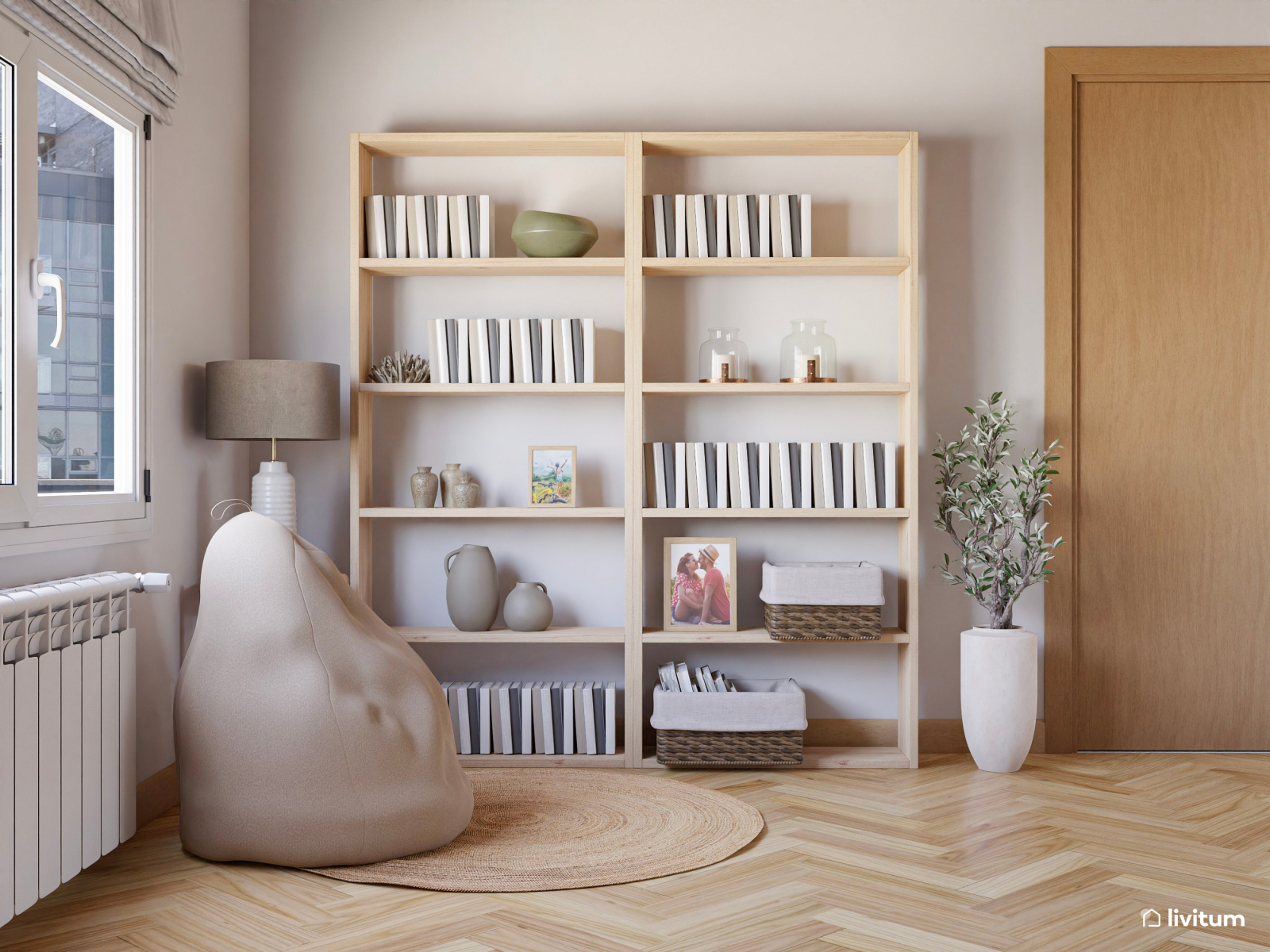 Cálido salón comedor en madera y fibras naturales