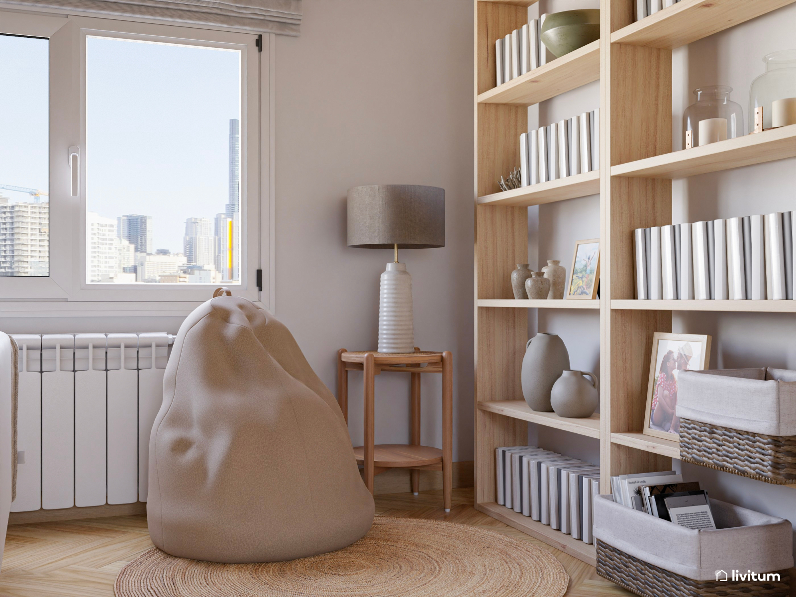 Cálido salón comedor en madera y fibras naturales