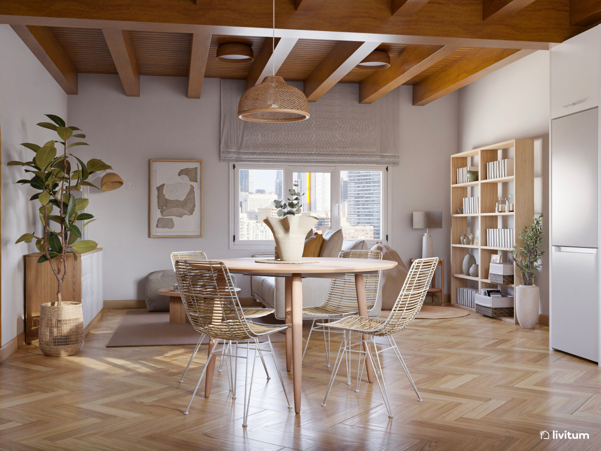 Cálido salón comedor en madera y fibras naturales