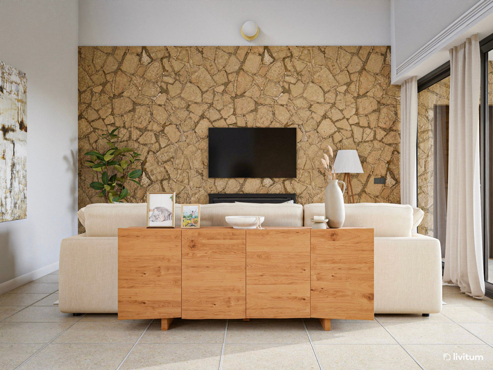 Comedor y salón rústico con pared de piedra 