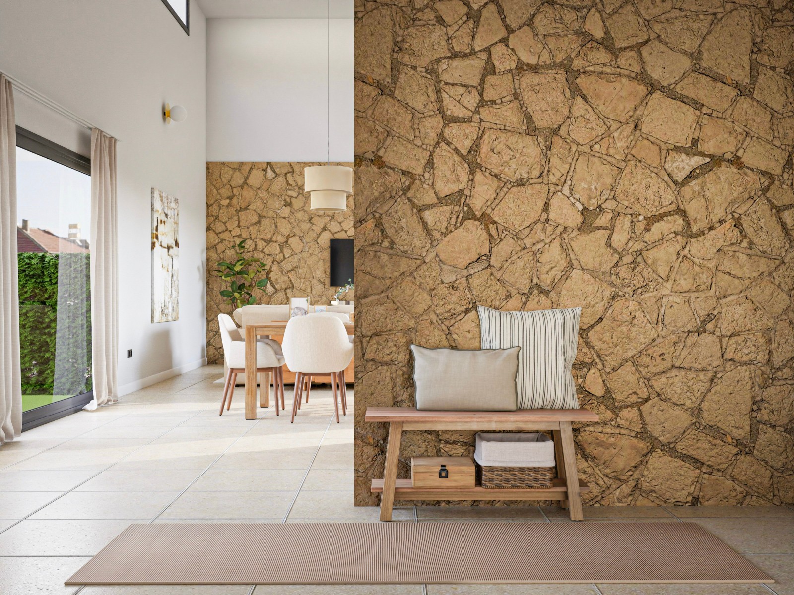 Comedor y salón rústico con pared de piedra 