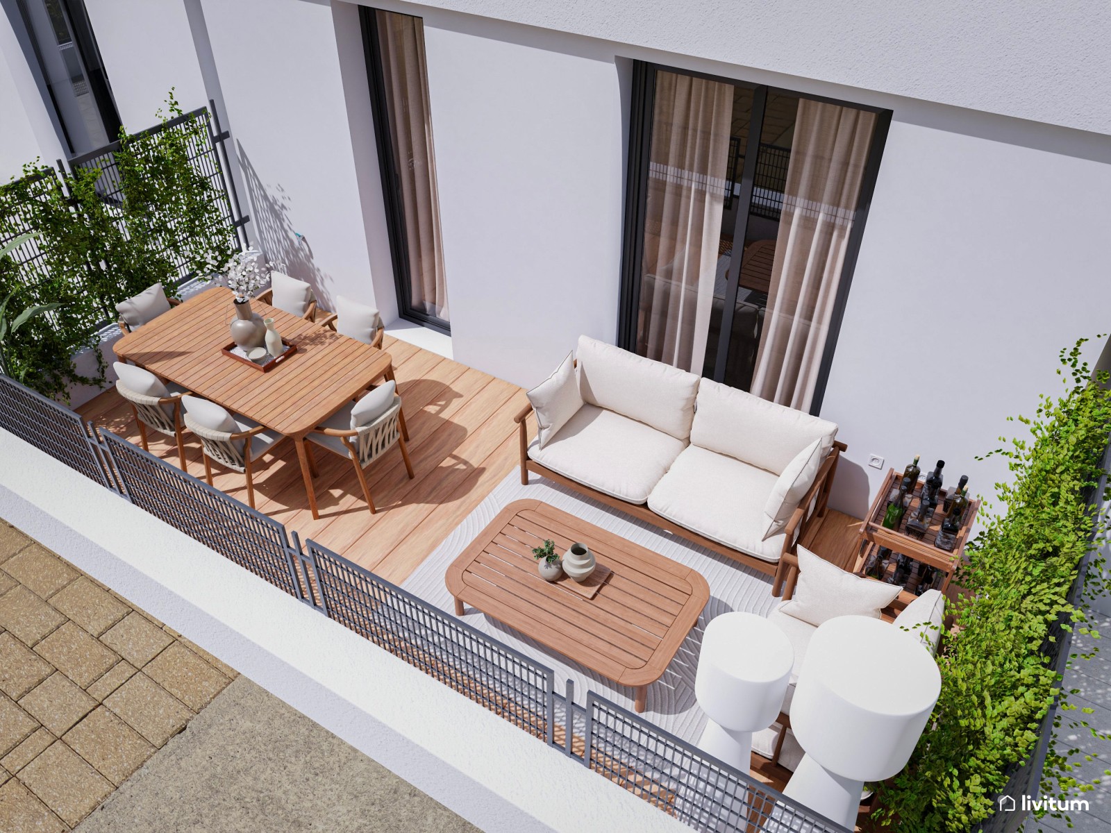 Cómoda terraza en madera y tonalidades de blanco