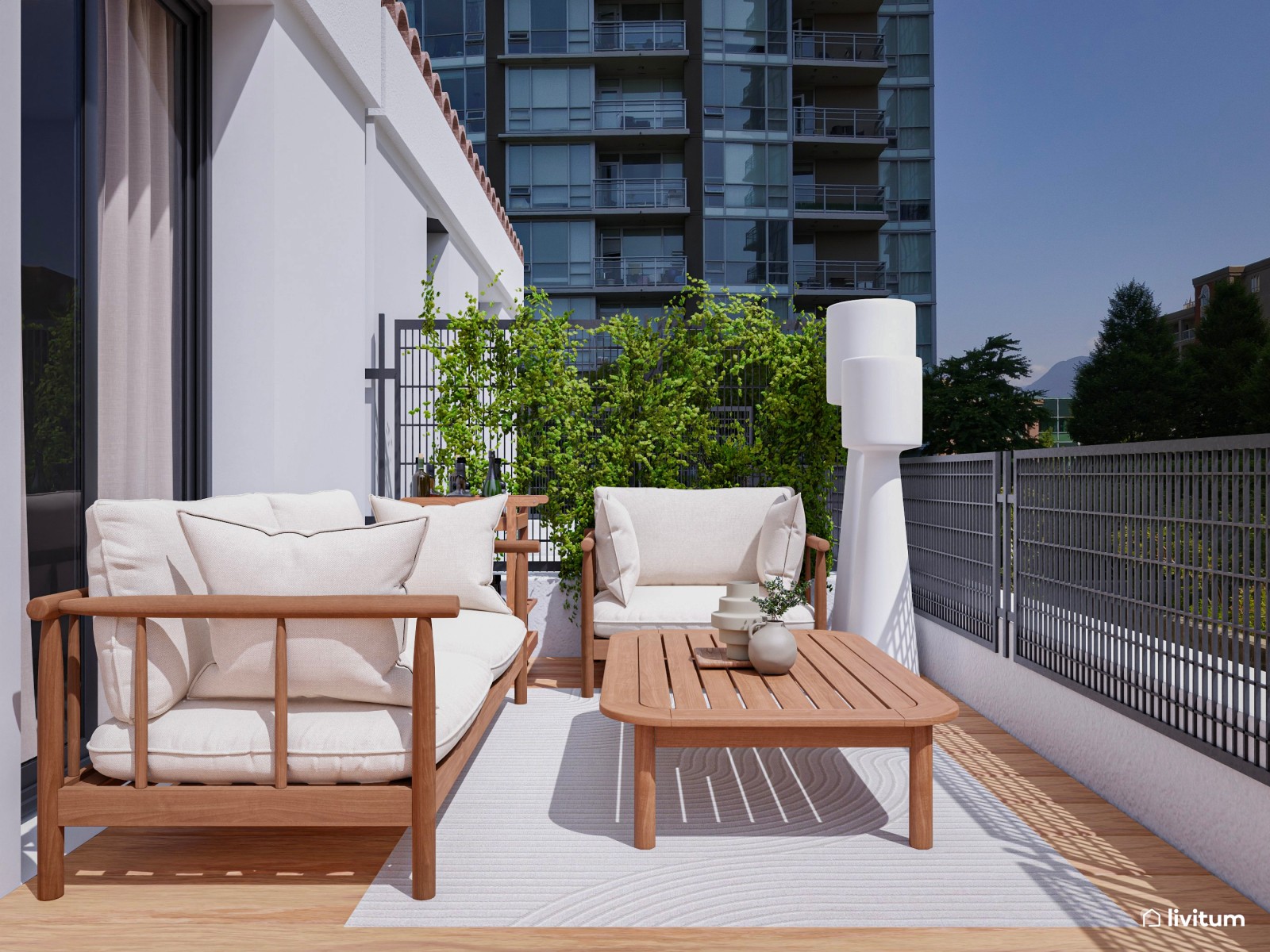 Cómoda terraza en madera y tonalidades de blanco