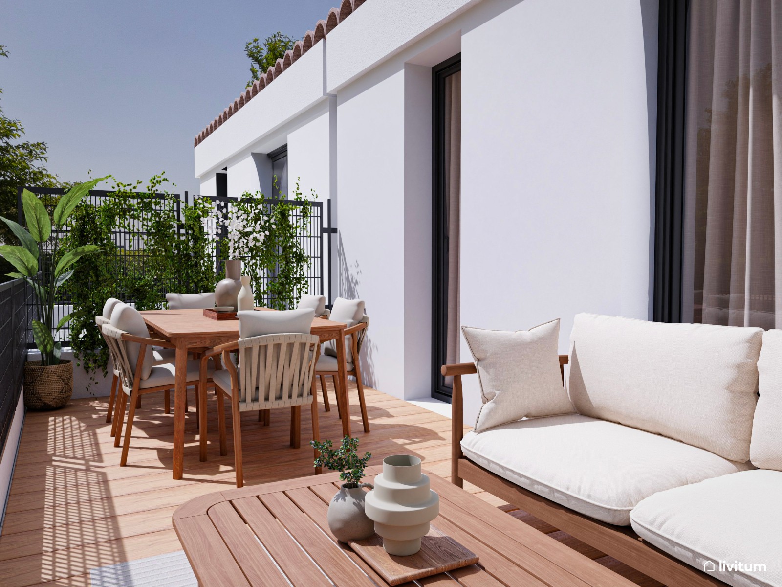 Cómoda terraza en madera y tonalidades de blanco