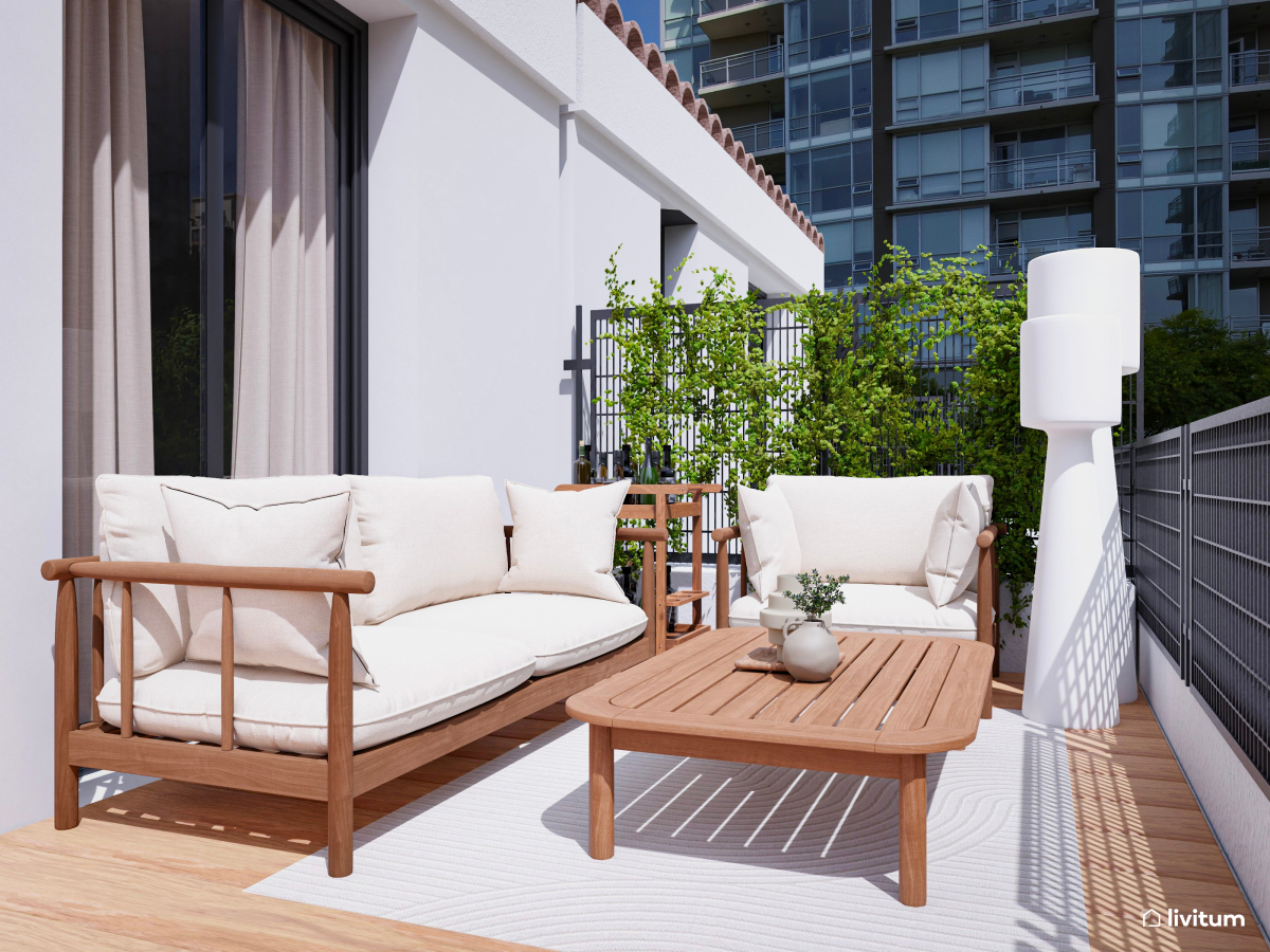 Cómoda terraza en madera y tonalidades de blanco