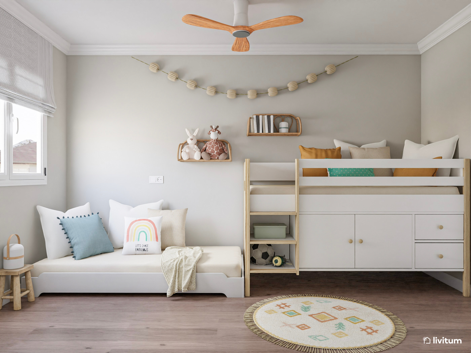 Cómoda y luminosa habitación infantil para dos niños 